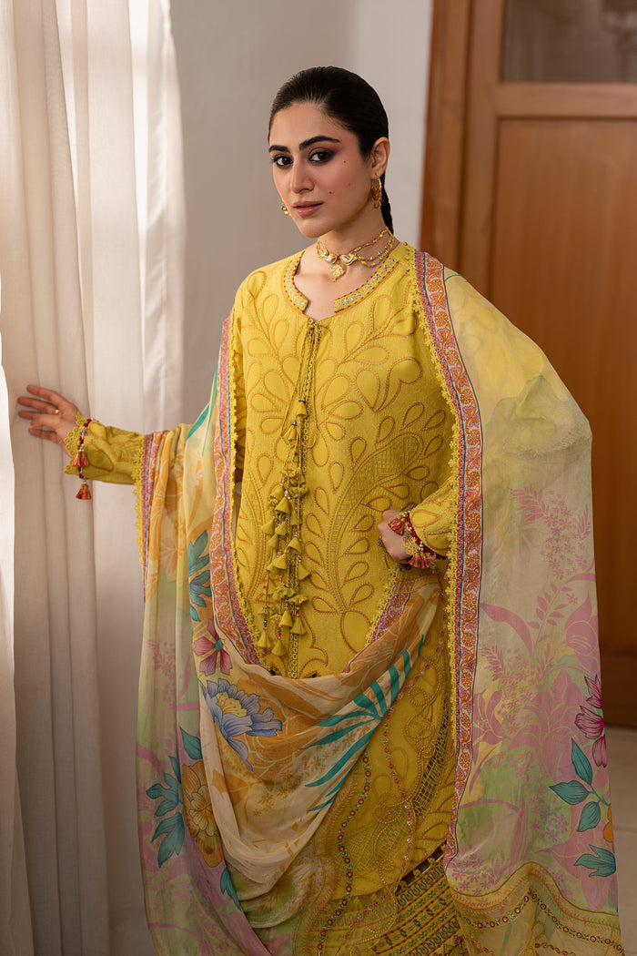 NAQSHI Seraya lemon 3-piece embroidered lawn suit featuring decorative hem detailing, flairy culottes and tissue silk digital print dupatta