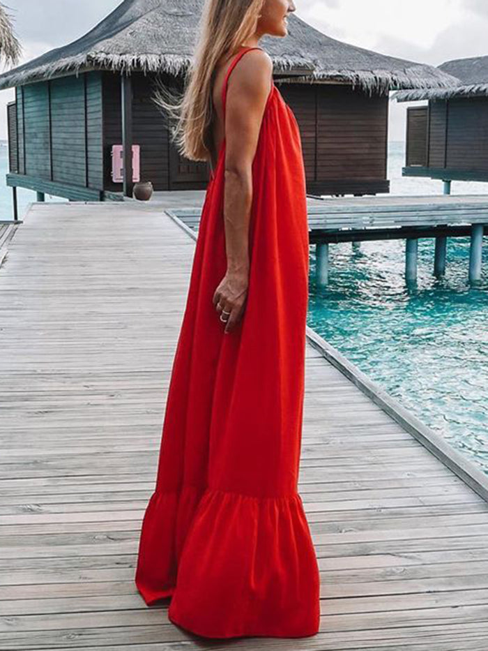 Sexy Backless Folds Sling Maxi Dress
