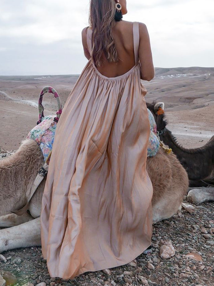 Sexy Backless Folds Sling Maxi Dress