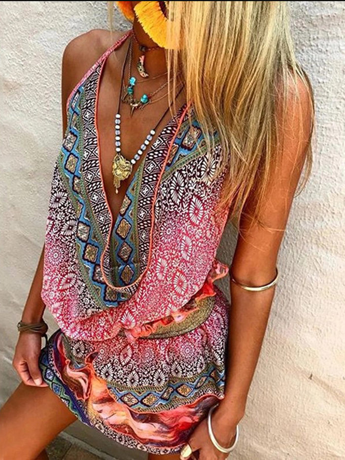 Sexy Bohemian Deep V Halter Dress
