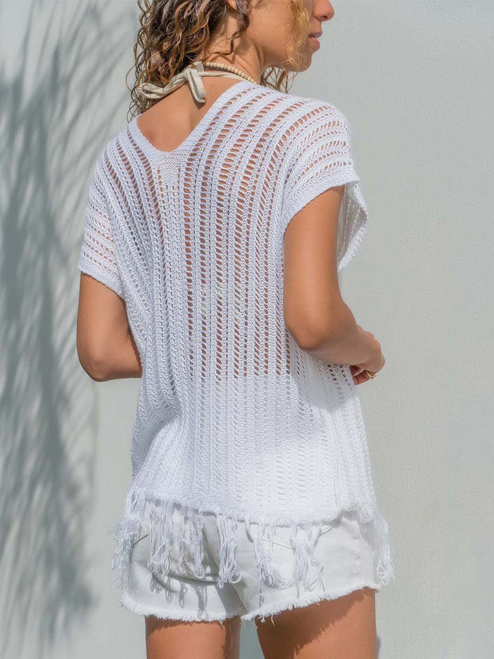 Sexy Cutout T-Shirts Fringe Hem V-Neck Tops