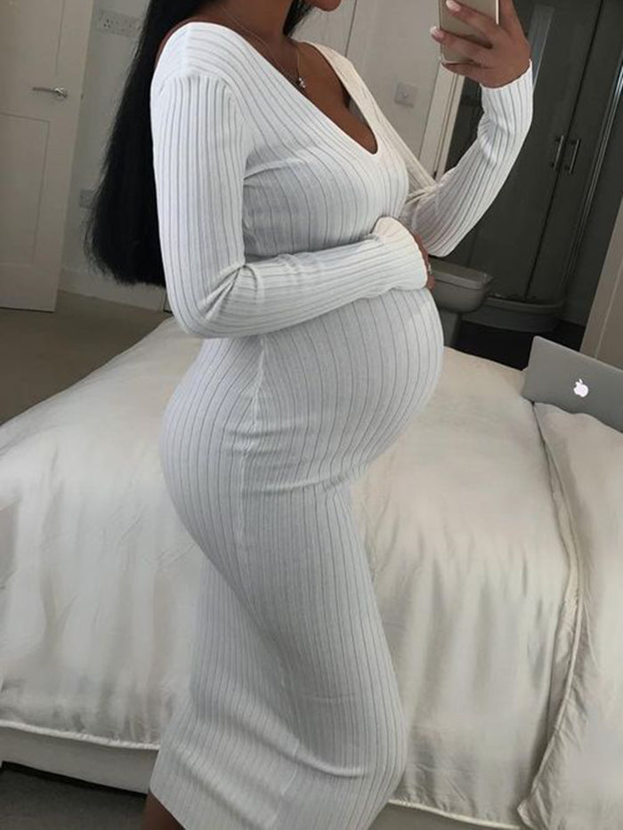 Sexy Long Sleeve V-neck Solid Color Knitted Maternity Dress