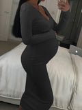 Sexy Long Sleeve V-neck Solid Color Knitted Maternity Dress