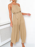 Sexy Solid Color Sleeveless Suspender Pleated Jumpsuit