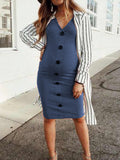Sexy V-neck Buttons Solid Color Maternity Dress