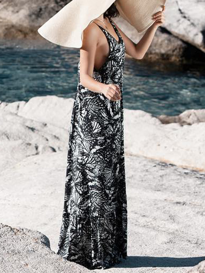 Sexy V-neck Halter Sling Print Maxi Dress