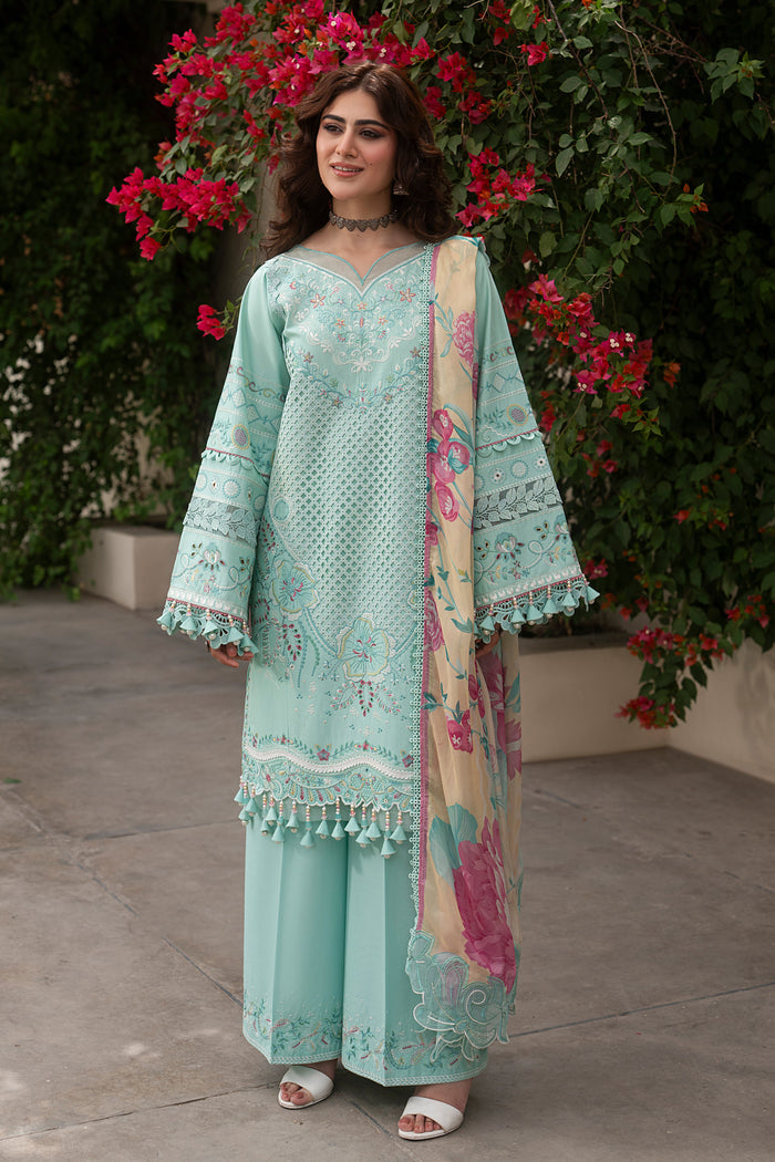 NAQSHI Shabeera aqua embroidered lawn 3-piece outfit with cambric culottes and tissue silk digital printed dupatta from Seran Summer Lawn collection