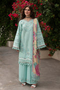 NAQSHI Shabeera aqua embroidered lawn 3-piece outfit with cambric culottes and tissue silk digital printed dupatta from Seran Summer Lawn collection