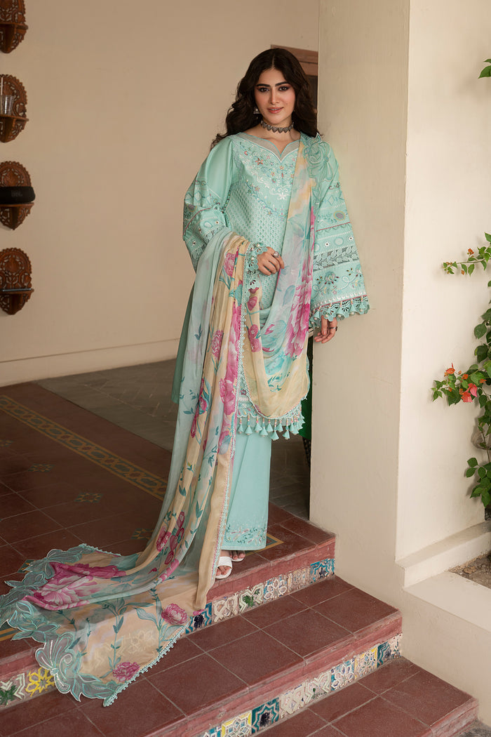 Full-length view of Shabeera aqua embroidered lawn suit featuring schiffli jaal embroidery, embroidered culottes and floral digital printed dupatta