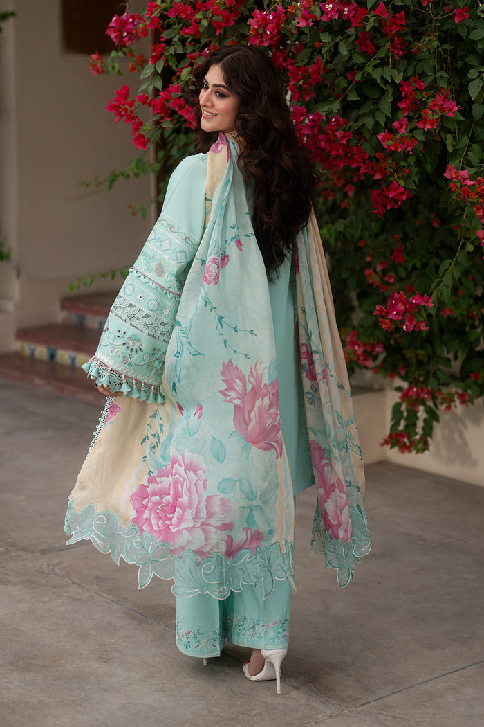 NAQSHI Shabeera aqua 3-piece embroidered summer outfit with floral tissue silk dupatta, embroidered sleeves and relaxed Eastern silhouette