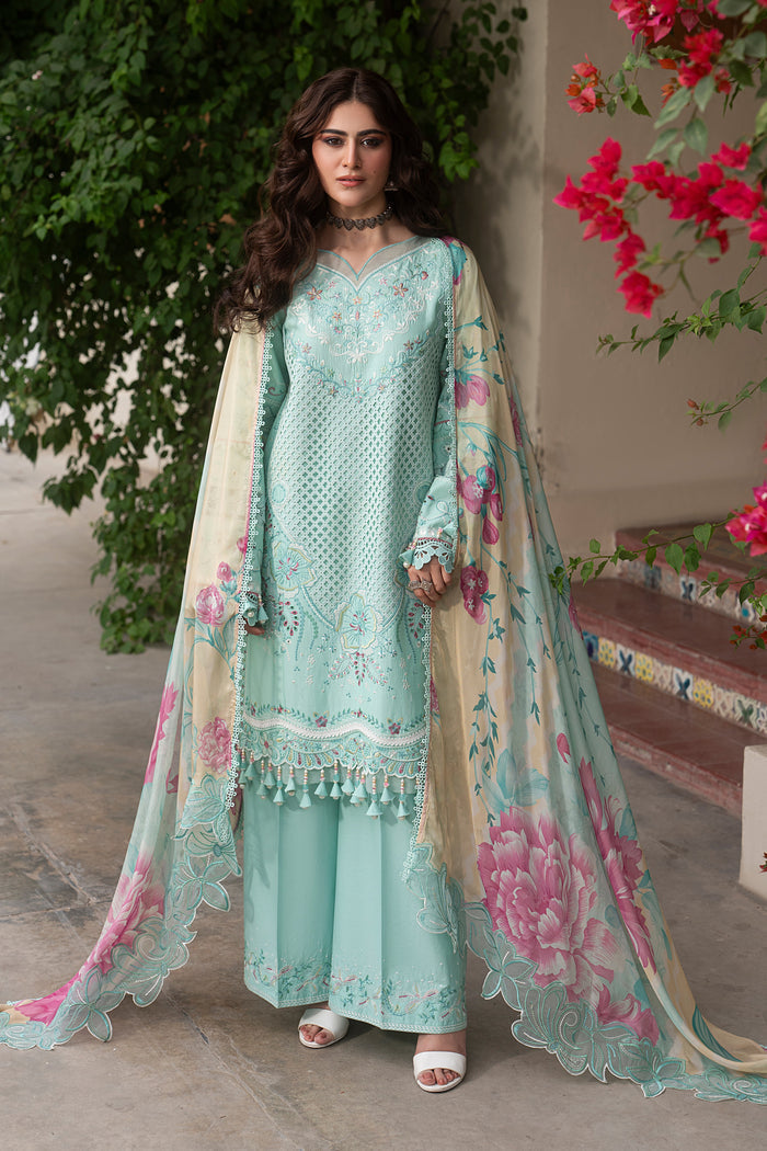 Front view of Shabeera aqua lawn outfit featuring embroidered borders, cambric culottes and digitally printed tissue silk dupatta for summer occasions