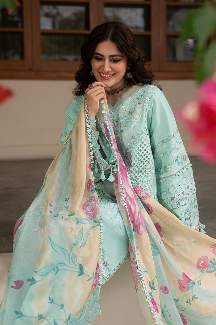 Detailed styling shot of Shabeera aqua embroidered lawn suit with colorful floral dupatta, lace finishing and elegant semi-formal summer look