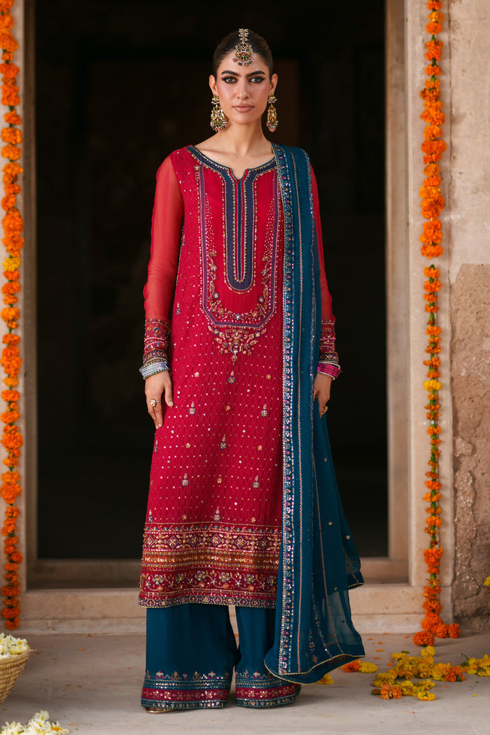 Shazim shocking pink and zinc semi formal dress in crinkle chiffon with adda work, sequins embellishment, culotte trousers and matching dupatta