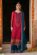 Shazim shocking pink and zinc semi formal dress in crinkle chiffon with adda work, sequins embellishment, culotte trousers and matching dupatta
