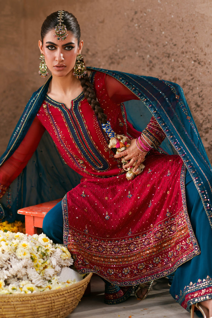 Shazim ready to wear semi formal outfit in shocking pink and zinc featuring embellished chiffon shirt, flowing dupatta and festive styling