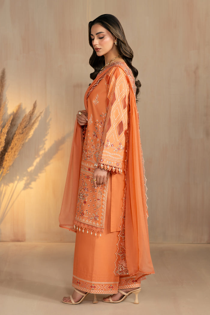 Side view of Sheikha outfit showing straight shirt fall and light crinkle dupatta drape, modest stitched summer eastern wear.