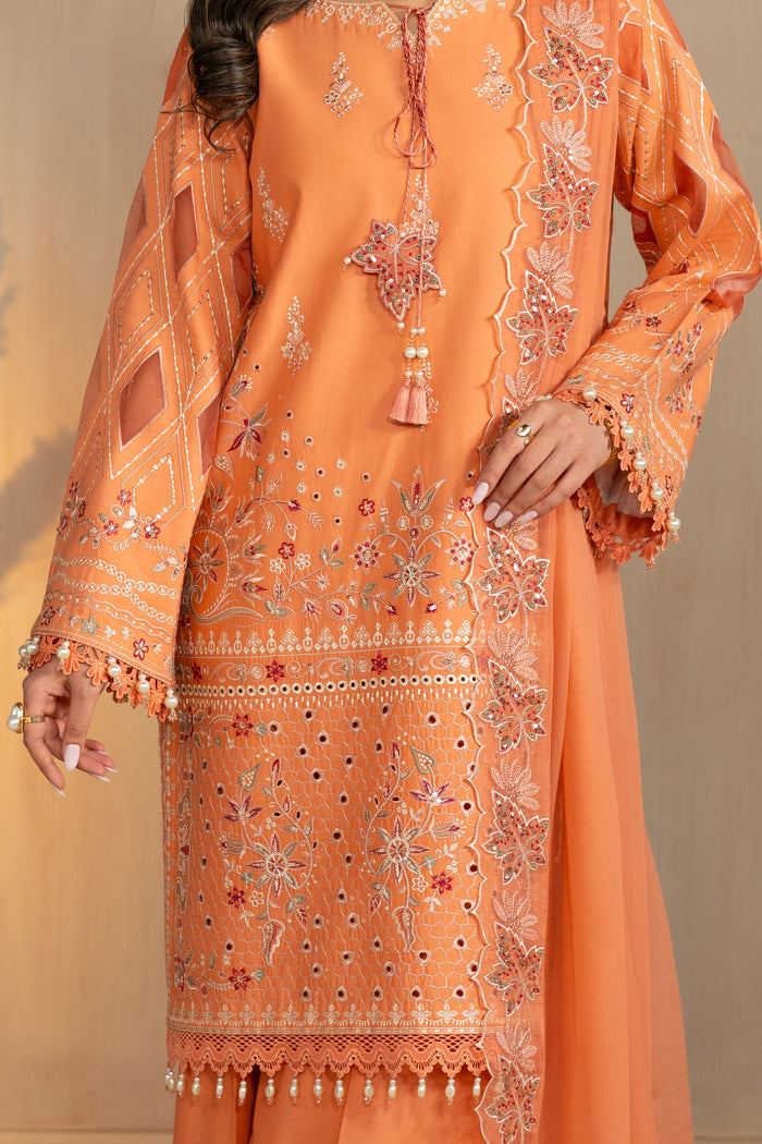 Close view of Sheikha shirt front embroidery and hem border detailing with sequins, elegant summer ready to wear suit.