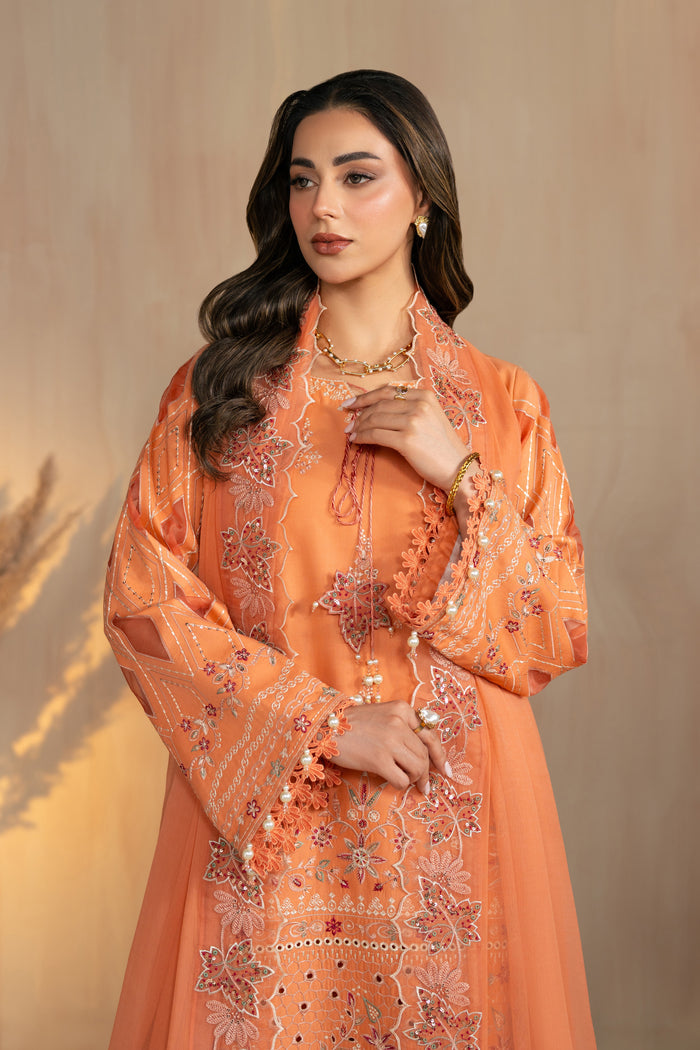 Front portrait highlighting embroidered boat neckline and sleeve borders of Sheikha peach lawn dress, neat 3 piece Pakistani outfit.