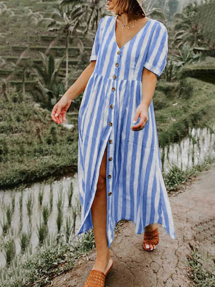 Short Sleeve Button V-neck Stripe Dress