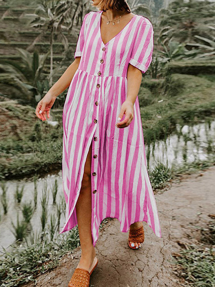 Short Sleeve Button V-neck Stripe Dress
