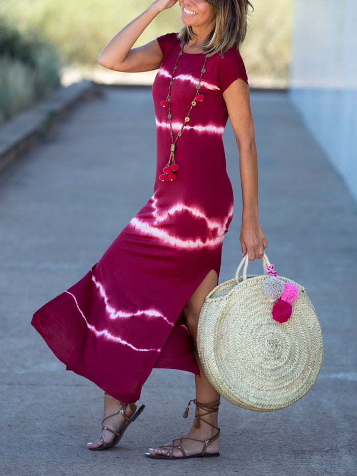 Short Sleeve Round Neck Tie-dye Casual Maxi Dress