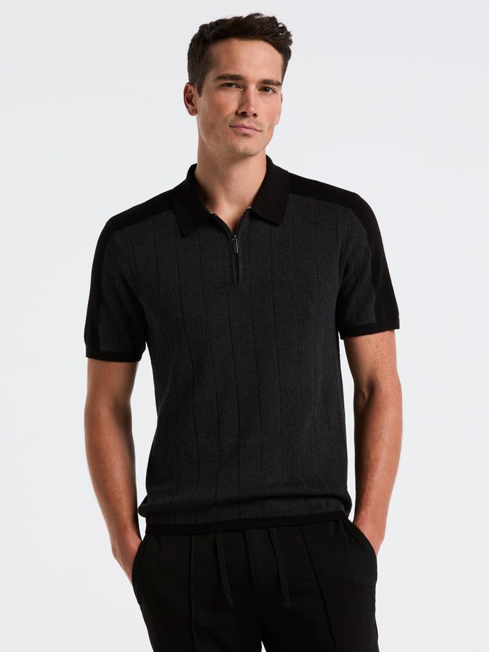 Short Sleeve Zip Polo Shirt (Dark Black Htr)