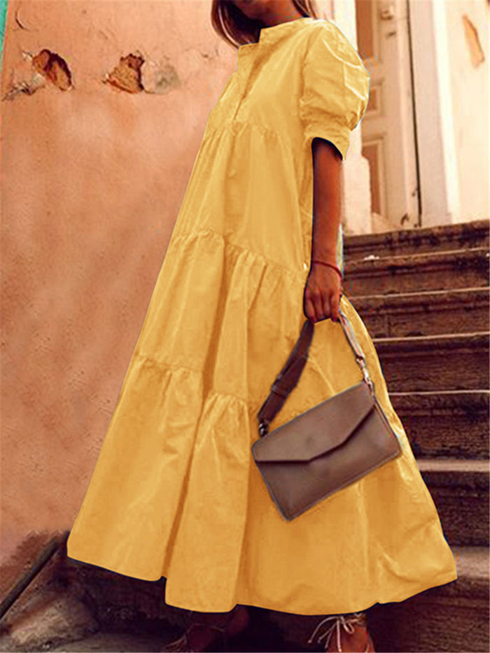 Short-sleeved V-neck Solid Color Dress