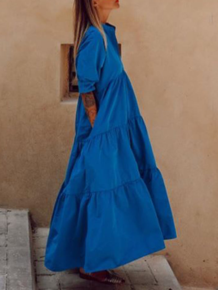 Short-sleeved V-neck Solid Color Dress