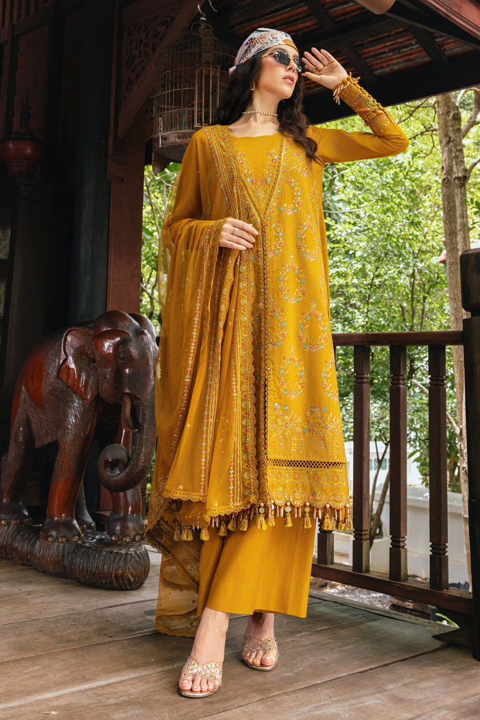 Shurooq by NAQSHI full front view – mustard khaddar 3PC set with embroidered borders and flowing silhouette