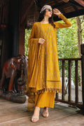 Shurooq by NAQSHI full front view – mustard khaddar 3PC set with embroidered borders and flowing silhouette