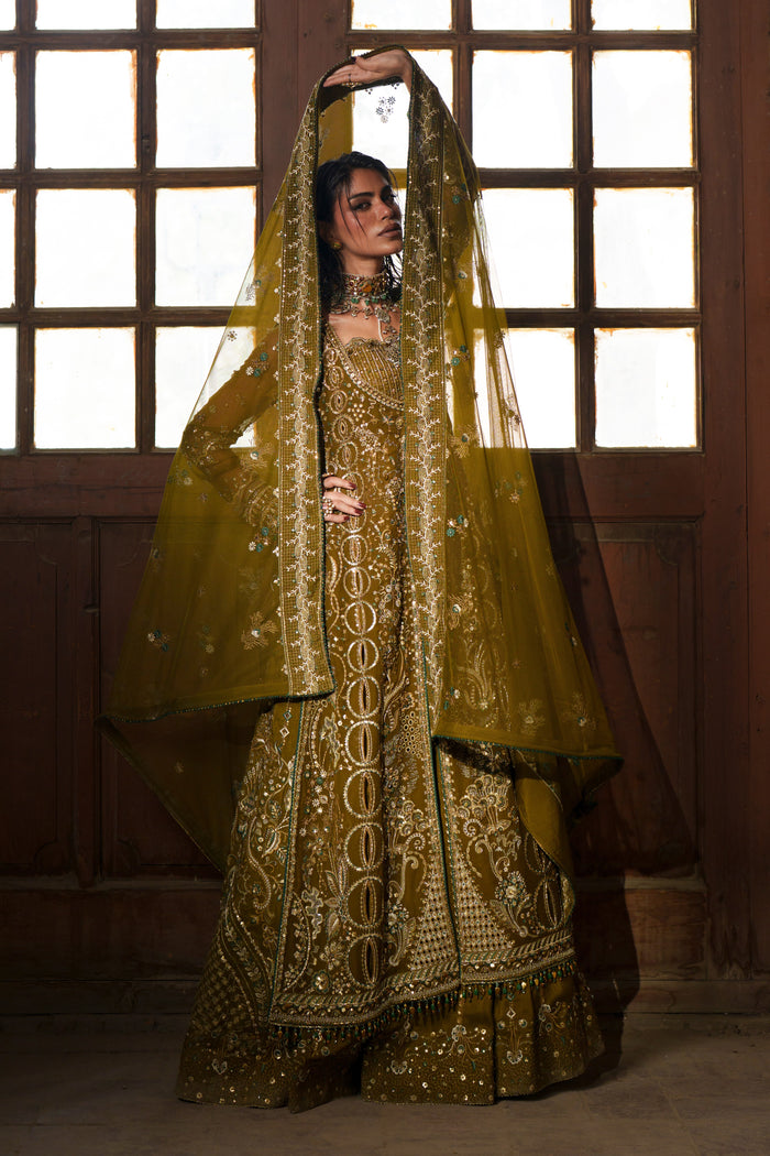 Sillage olive green Crinkle open-front gown with embroidered inner maxi and Net dupatta.