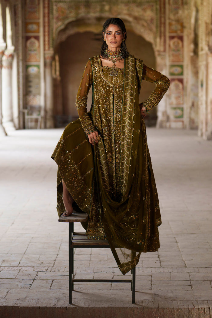 Sillage olive green layered evening outfit showing open Crinkle gown over detailed inner maxi.