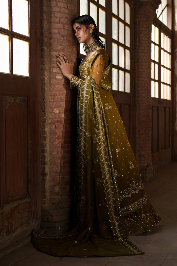 Sillage olive green Crinkle gown side view showing open front and layered Indian Raw Silk maxi.