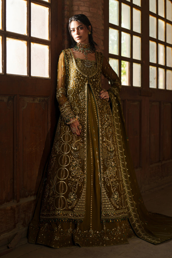 Sillage olive green formal outfit styled with embroidered Net dupatta over the layered maxi.