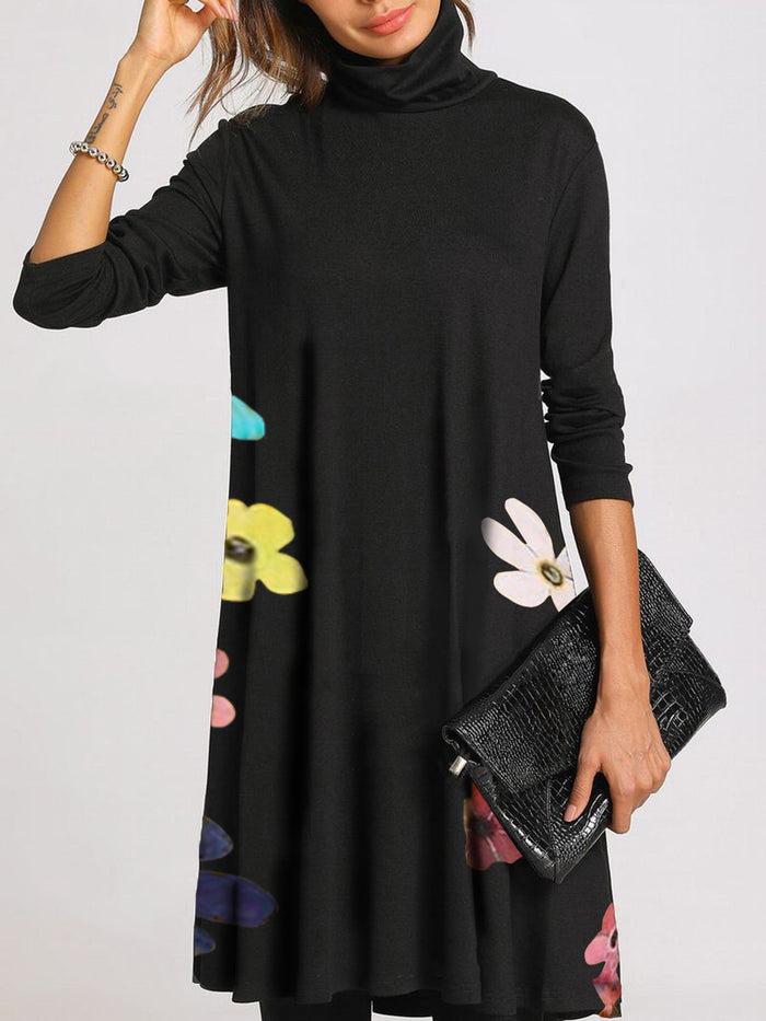 Simple Casual Loose High Neck Floral Dress