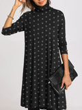 Simple Casual Loose High Neck Long Sleeve Polka Dot Dress
