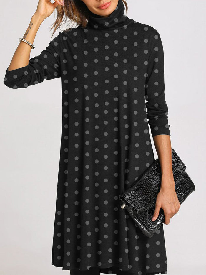 Simple Casual Loose High Neck Long Sleeve Polka Dot Dress