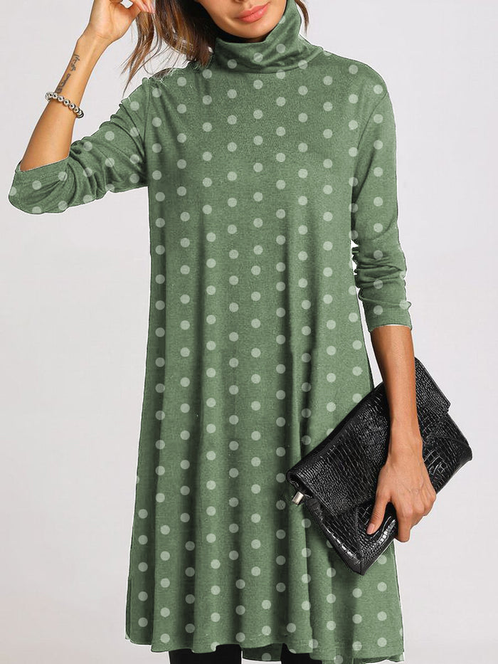 Simple Casual Loose High Neck Long Sleeve Polka Dot Dress