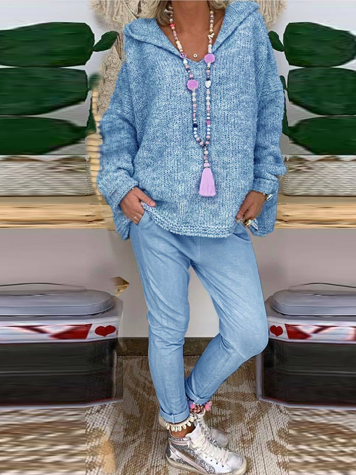 Simple Casual Loose Hooded Sweater Pants Suit