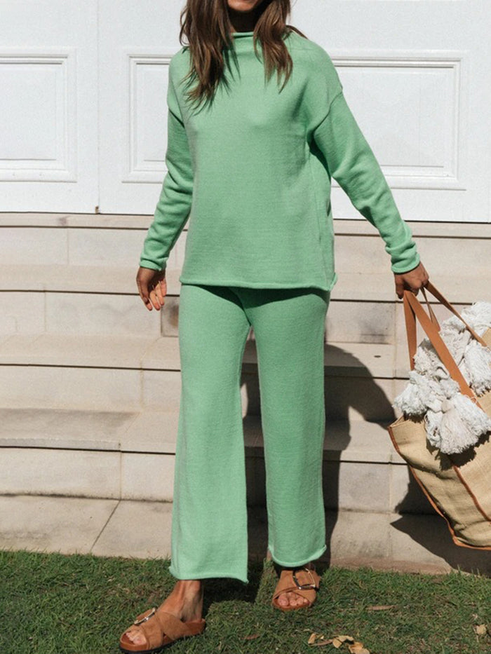 Simple Casual Loose Long Sleeve Top Pants Knitted Suit