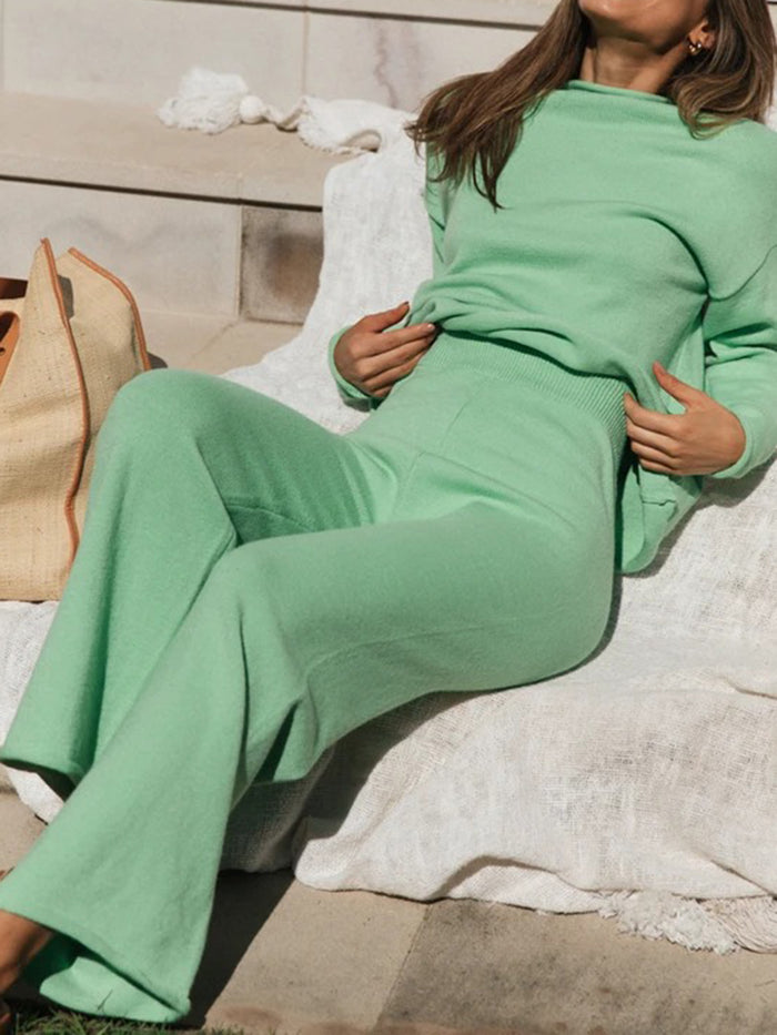 Simple Casual Loose Long Sleeve Top Pants Knitted Suit