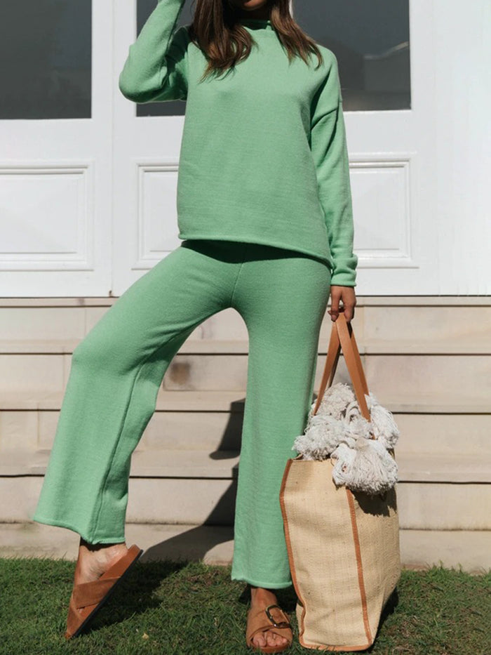 Simple Casual Loose Long Sleeve Top Pants Knitted Suit