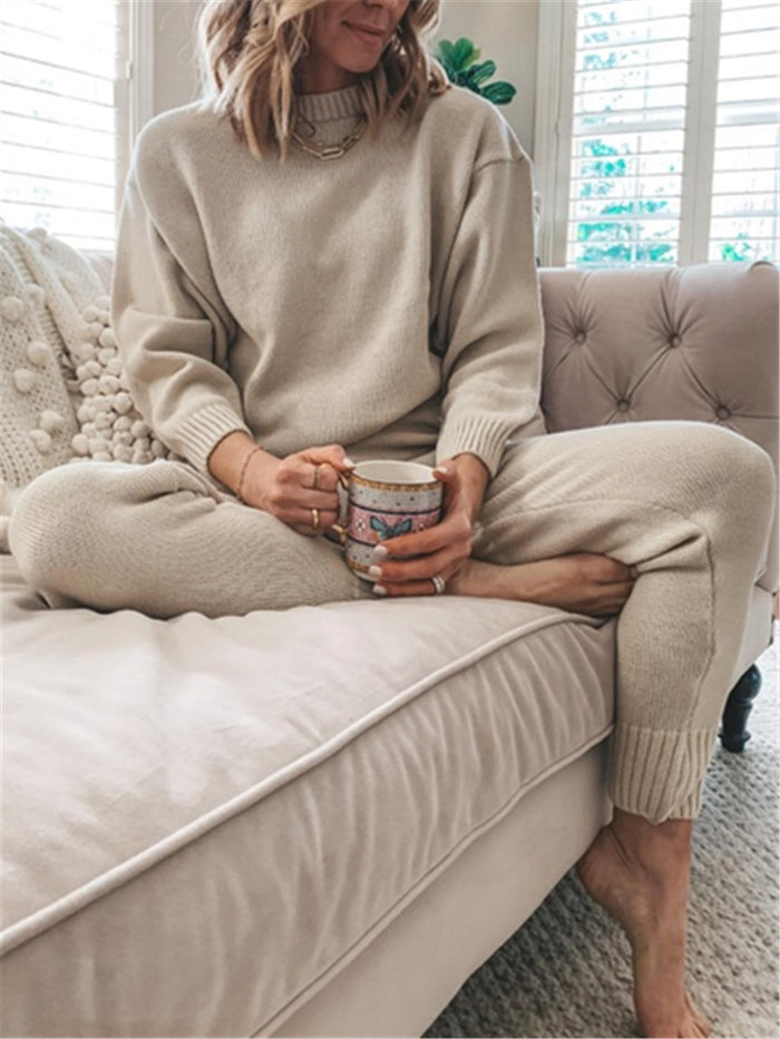 Simple Casual Loose Round Neck Blouse Pants Knitted Suit