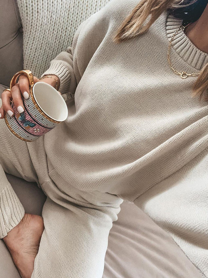 Simple Casual Loose Round Neck Blouse Pants Knitted Suit