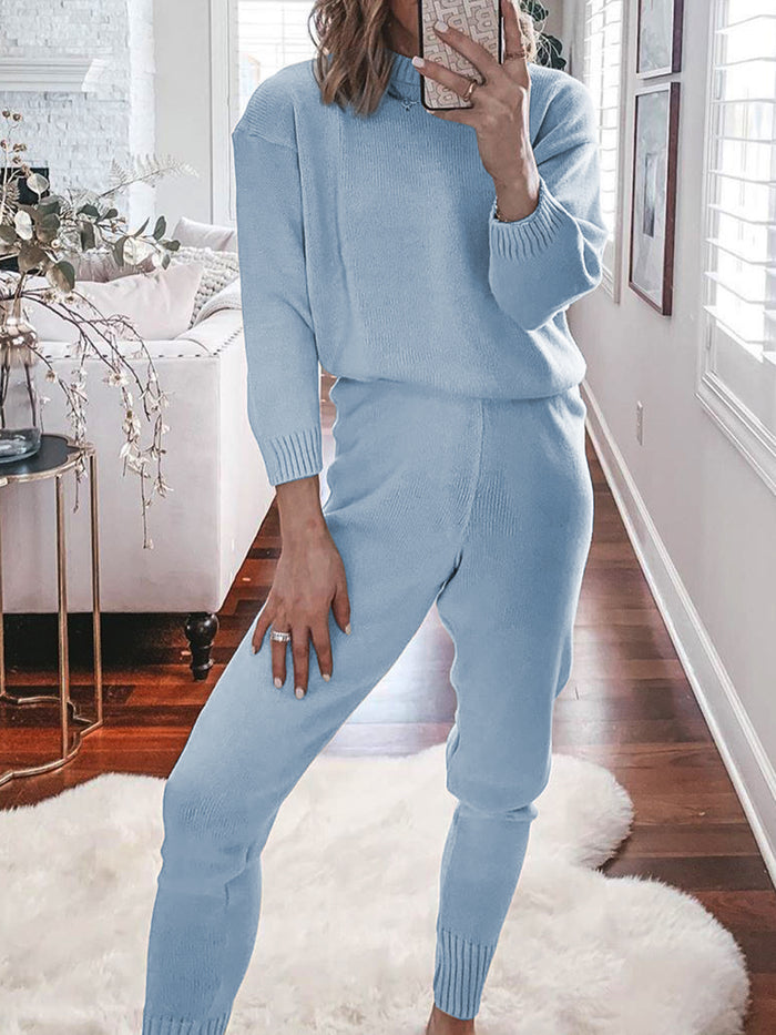 Simple Casual Loose Round Neck Blouse Pants Knitted Suit
