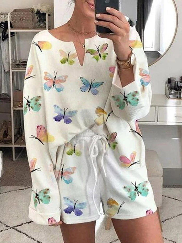 Simple Casual Loose Top Pants Romantic Idyllic Butterfly Suit