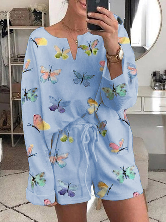 Simple Casual Loose Top Pants Romantic Idyllic Butterfly Suit