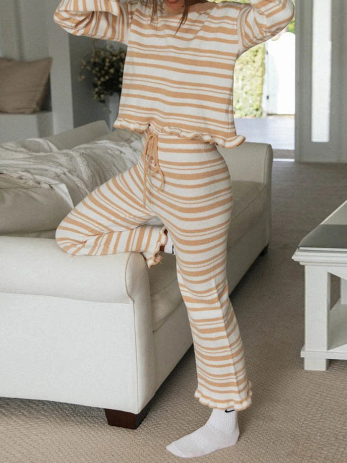Simple Casual Loose Top Pants Striped Knitted Suit