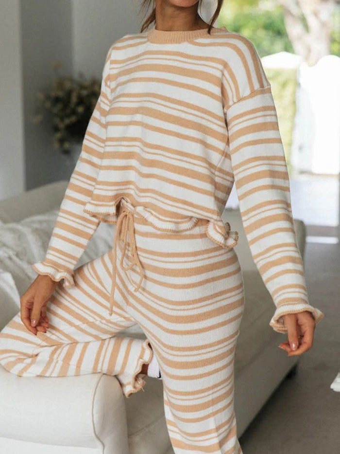 Simple Casual Loose Top Pants Striped Knitted Suit