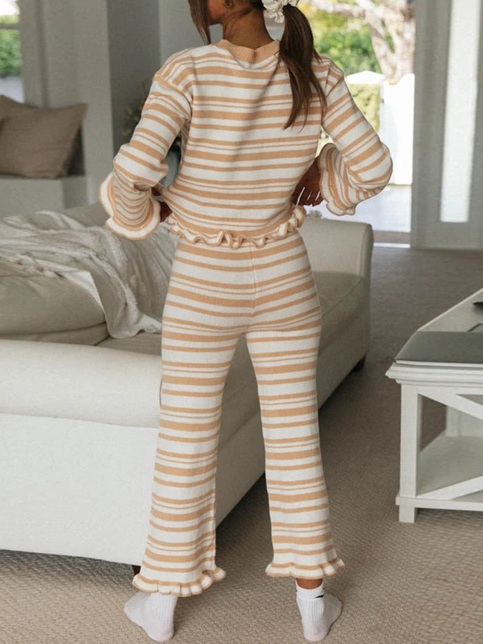 Simple Casual Loose Top Pants Striped Knitted Suit